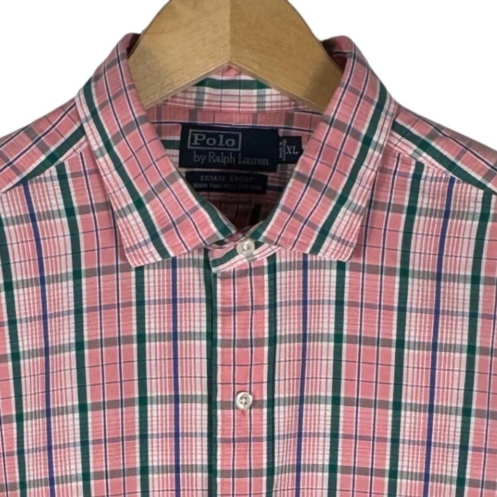 Polo Ralph Lauren Estate Sport Shirt XL Pink Green Plaid 100% Cotton Long Sleeve